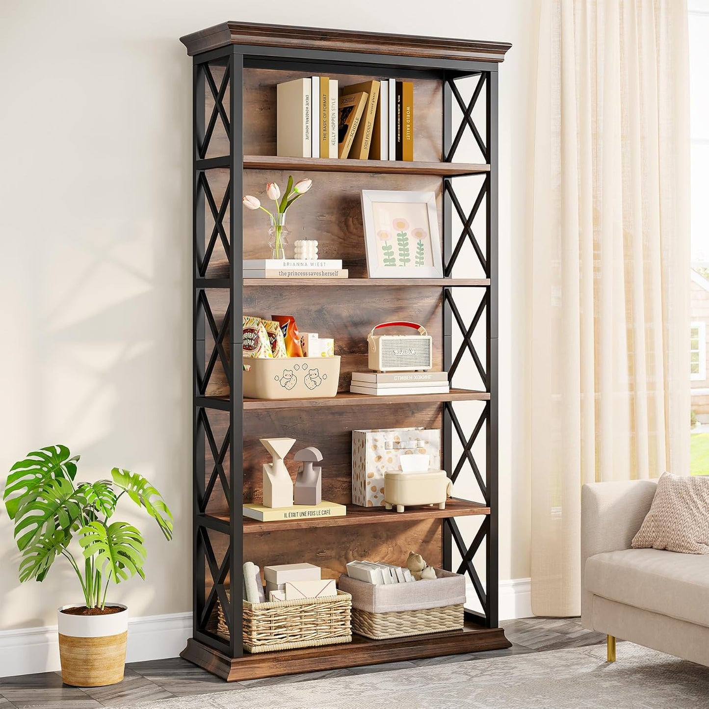 6-Tier Bookcase, 71 Inches Industrial Bookshelves and Bookcases, Floor Standing 5 Shelf Display Storage Shelves Tall Bookcase for Home Office, Living Room, Bed Room, Brown and Black