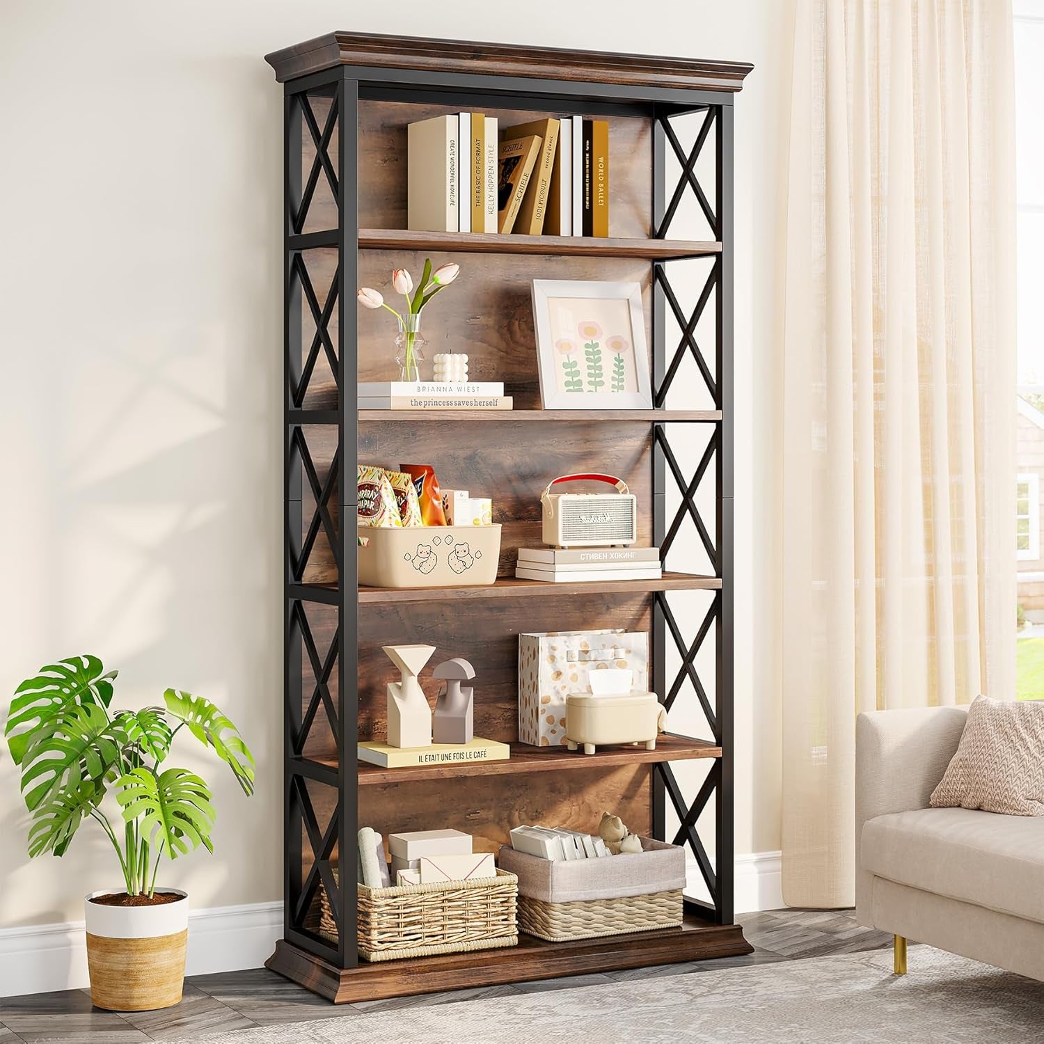 6-Tier Bookcase, 71 Inches Industrial Bookshelves and Bookcases, Floor Standing 5 Shelf Display Storage Shelves Tall Bookcase for Home Office, Living Room, Bed Room, Brown and Black