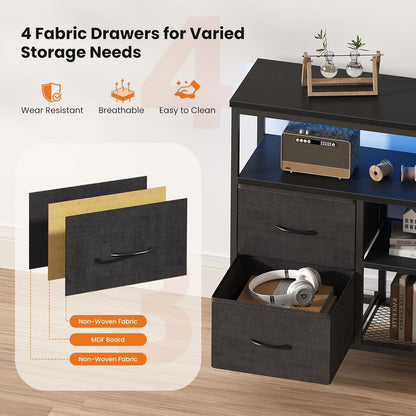 TV Stand Dresser for Bedroom 4 Drawers Entertainment Center with LED Lights and Power Outlets Media Console for 50 Inch TV Living Room Furniture with Open Shelf Adjustable Feet, Black