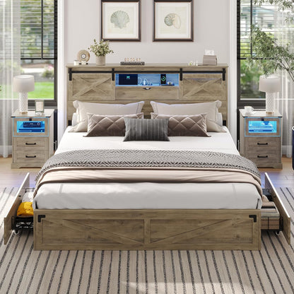 Farmhouse Bed Frame California King Size with Storage Bookcase Headboard, Wooden Cal King Bed with LED Lights, Charging Station, 2 Drawers, Country Rustic Bed Frame with Sliding Barn Door