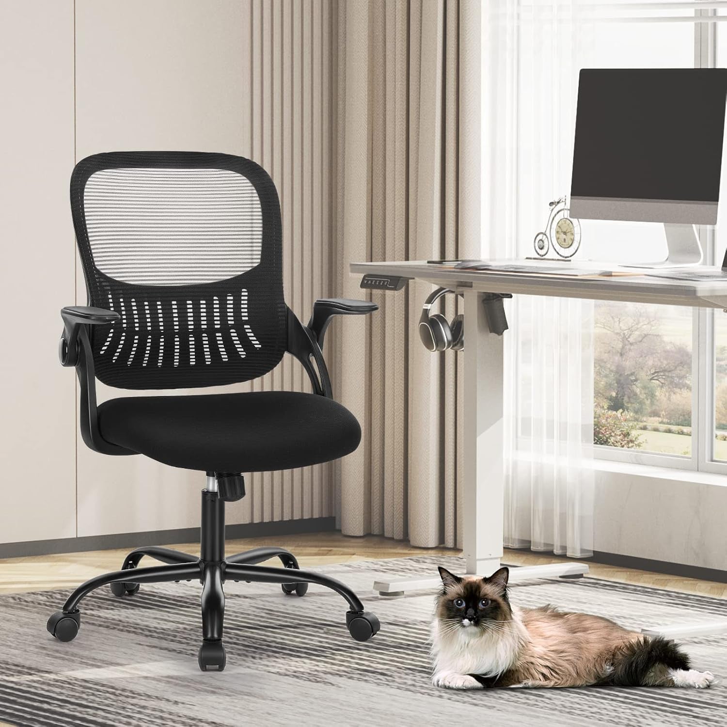 Office Computer Desk Chair, Ergonomic Mid-Back Mesh Rolling Work Swivel Task Chairs with Wheels, Comfortable Lumbar Support, Comfy Flip-Up Arms for Home, Bedroom, Study, Student, Black