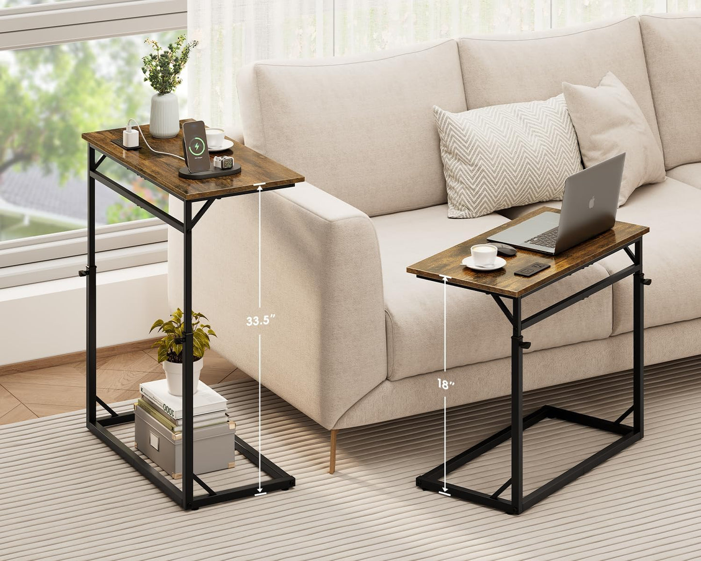 C Shaped End Table, Tall Side Table for Couch, C-Table End Table Adjustable Height Side Table, Large Surface Sofa Table TV Tray, Slide under Couch Table for Sofa, Living Room, Bedroom, White