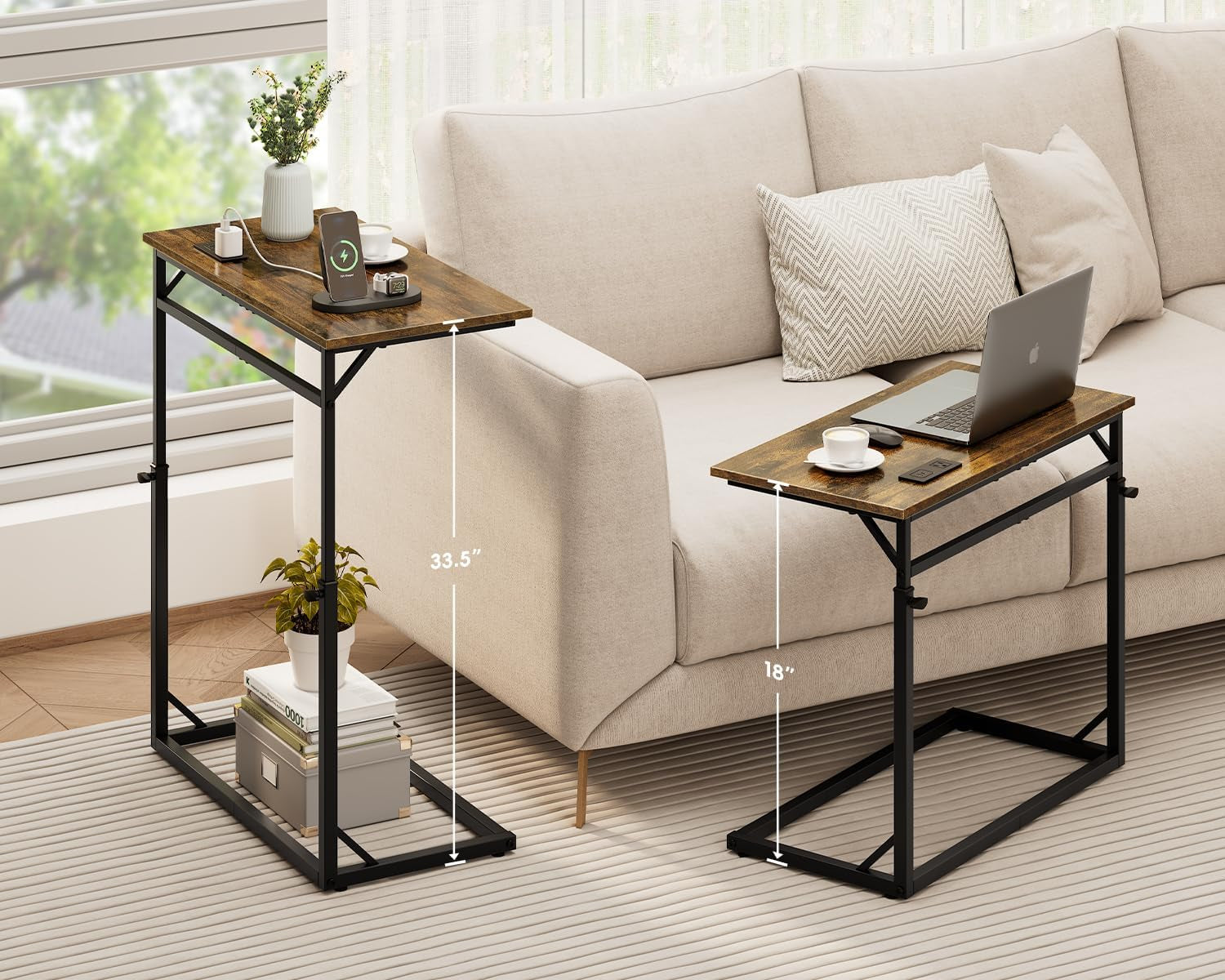 C Shaped End Table, Tall Side Table for Couch, C-Table End Table Adjustable Height Side Table, Large Surface Sofa Table TV Tray, Slide under Couch Table for Sofa, Living Room, Bedroom, White
