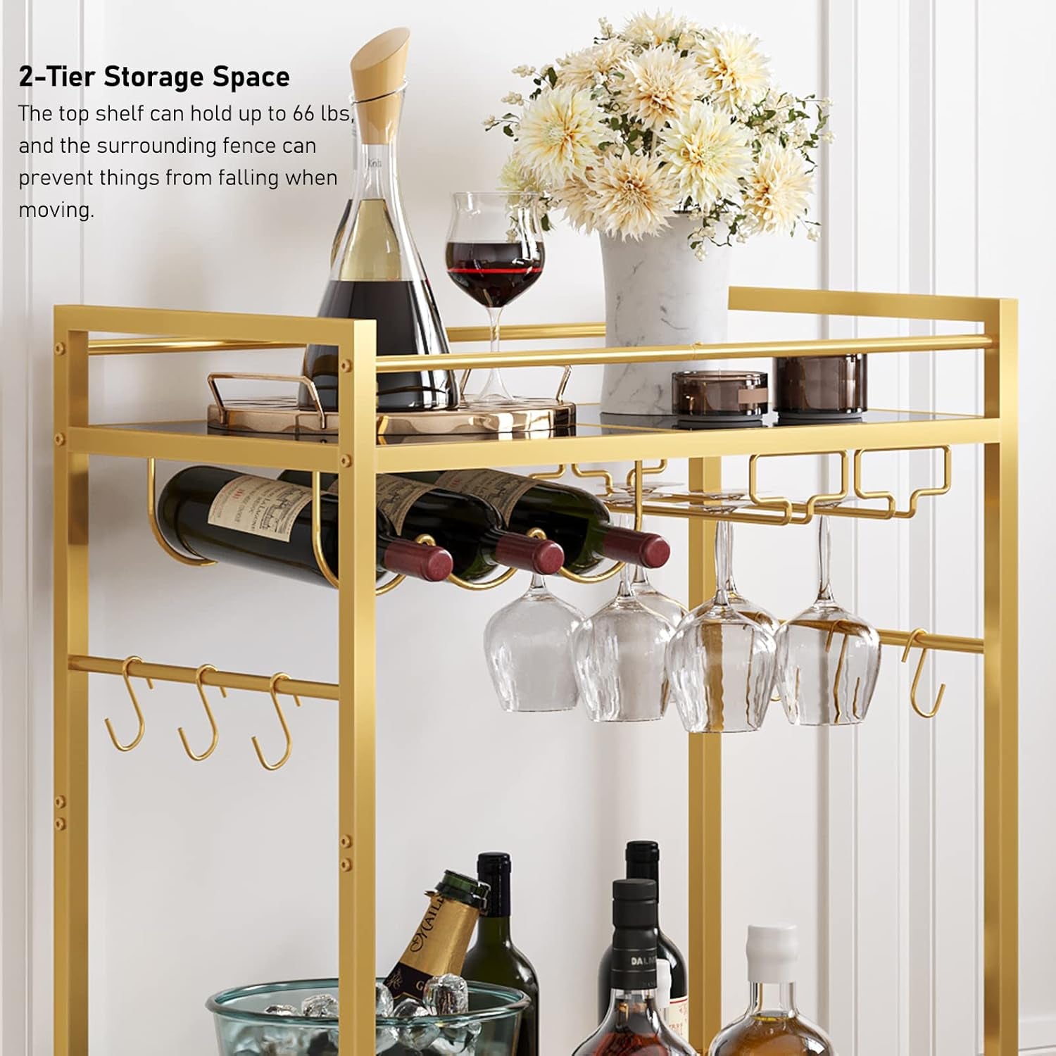 Bar Cart, Serving Cart for Home, Drink Cart, Mobile Kitchen Shelf with Wine Rack and Glass Holder, Rolling Beverage Cart, Gold BC01BB031