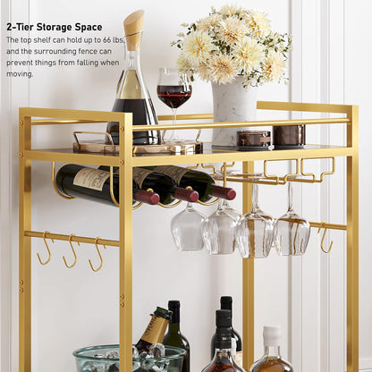 Bar Cart, Serving Cart for Home, Drink Cart, Mobile Kitchen Shelf with Wine Rack and Glass Holder, Rolling Beverage Cart, Gold BC01BB031