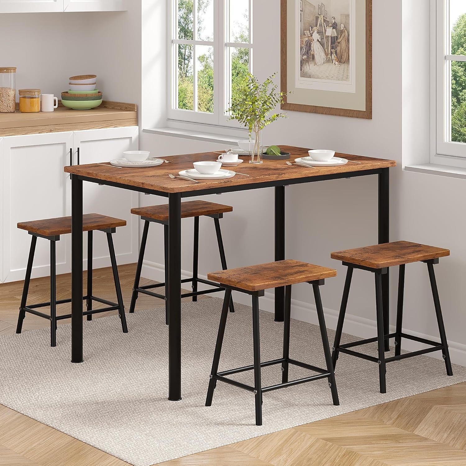 Kitchen Table and Chairs for 4, Dining Room Set with Chairs/Stools, Heavy-Duty Metal Frame with Wooden Tabletop for Small Spaces, Easy Assembly, Antique Brown
