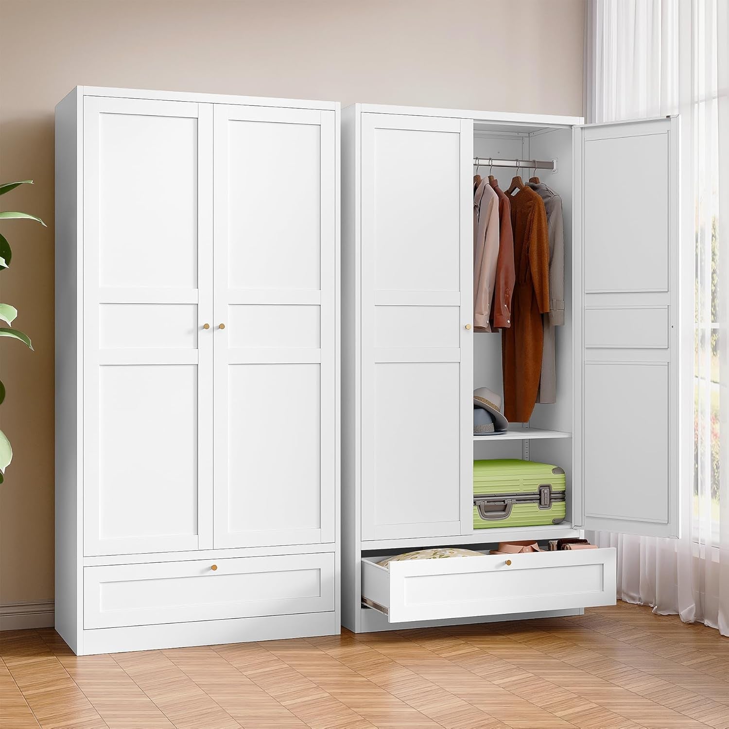 Metal Armoire Wardrobe Closet with 2 Doors 72'' Wardrobe Cabinet with Drawers and Hanging Rail Metal Closet with Adjustable Shelves for Bedroom. (White, with 1Drawer)