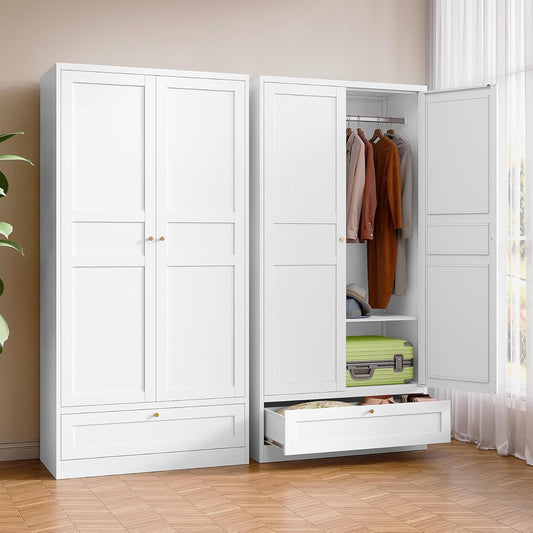 Metal Armoire Wardrobe Closet with 2 Doors 72'' Wardrobe Cabinet with Drawers and Hanging Rail Metal Closet with Adjustable Shelves for Bedroom. (White, with 1Drawer)