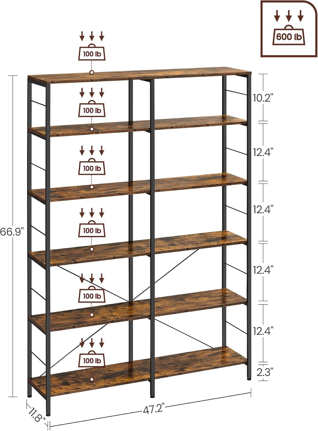 6-Tier Tall Bookshelf, Bookcase, Large Metal Shelf, 11.8 X 47.2 X 67.9 Inches, for Living Room, Kitchen, Pantry, Study, Home Office, Rustic Brown and Black ULLS114B01