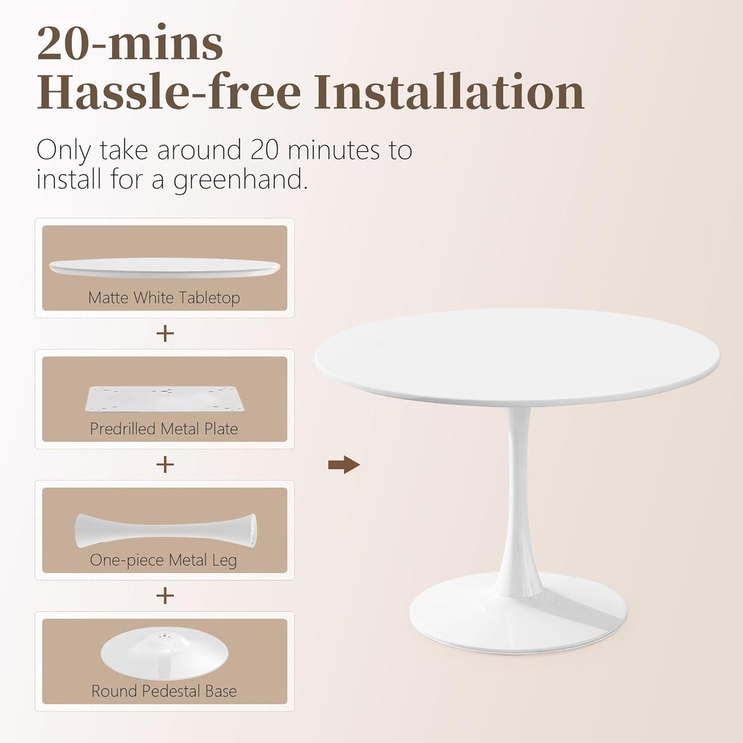 42 Inch round Dining Table,Mid-Century Tulip Table with Metal Pedestal Base,Modern Leisure Table for Small Space Kitchen Dining Room,Easy Assembly,White