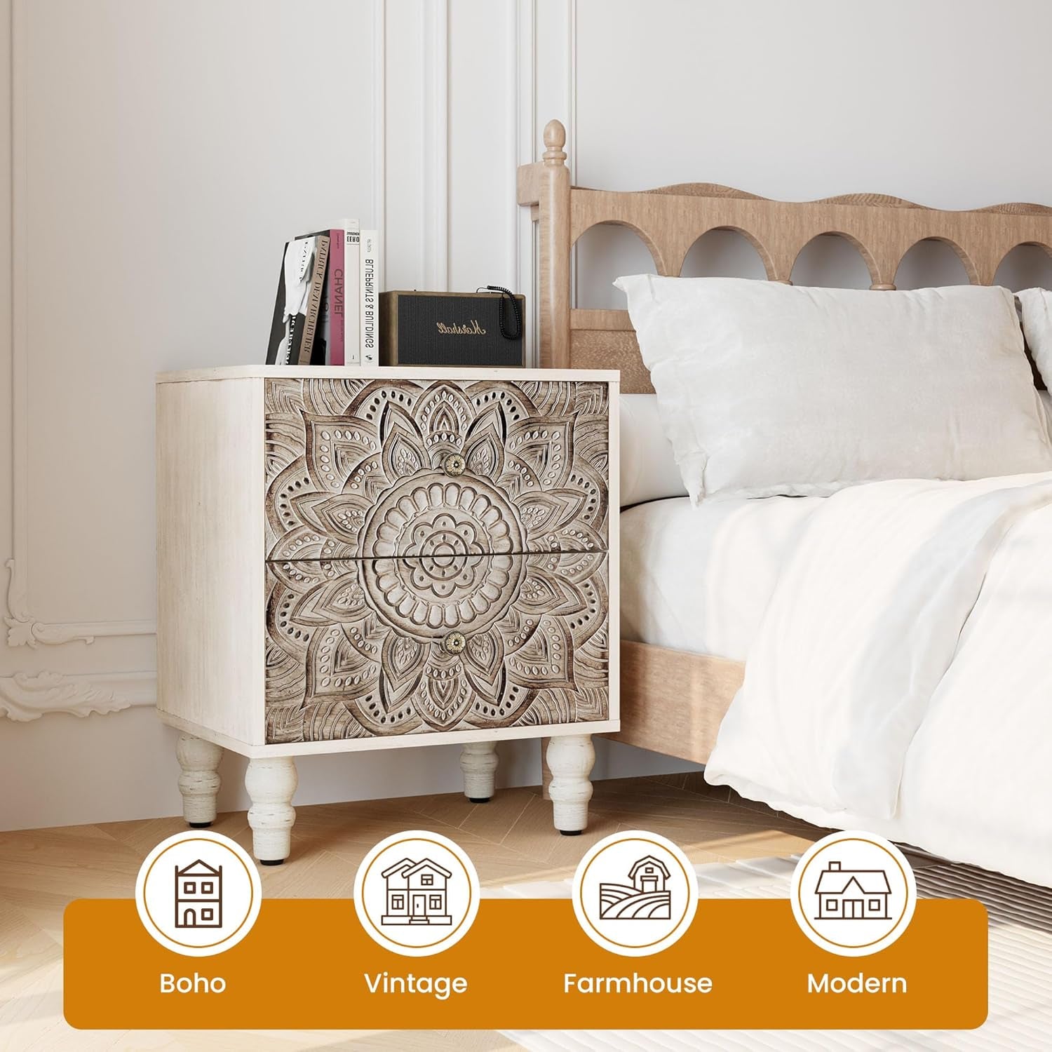White Nightstands Set 2, Vintage Nightstands with 2 Drawers, Farmhouse Bedside Tables Set of 2, Easy to Assemble End Tables with Lotus Pattern for Small Spaces, Bedroom, Guest Room, White