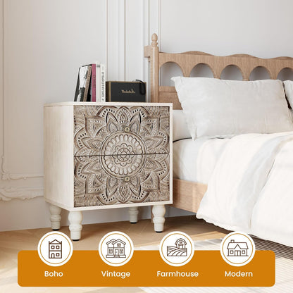 White Nightstands Set 2, Vintage Nightstands with 2 Drawers, Farmhouse Bedside Tables Set of 2, Easy to Assemble End Tables with Lotus Pattern for Small Spaces, Bedroom, Guest Room, White