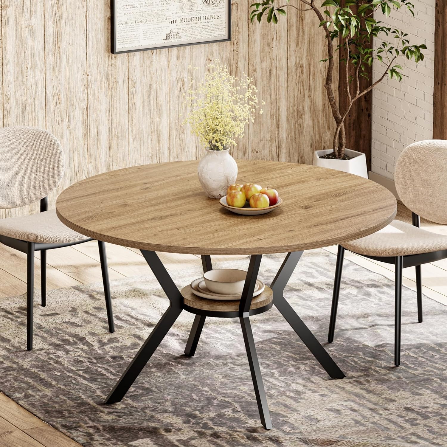 42 Inch round Dining Table for 2–4, Farmhouse round Kitchen Table with Storage Shelf, Pedestal Dining Table, Wood Top & Metal Base, Small Space Table for Apartment, Dining Room