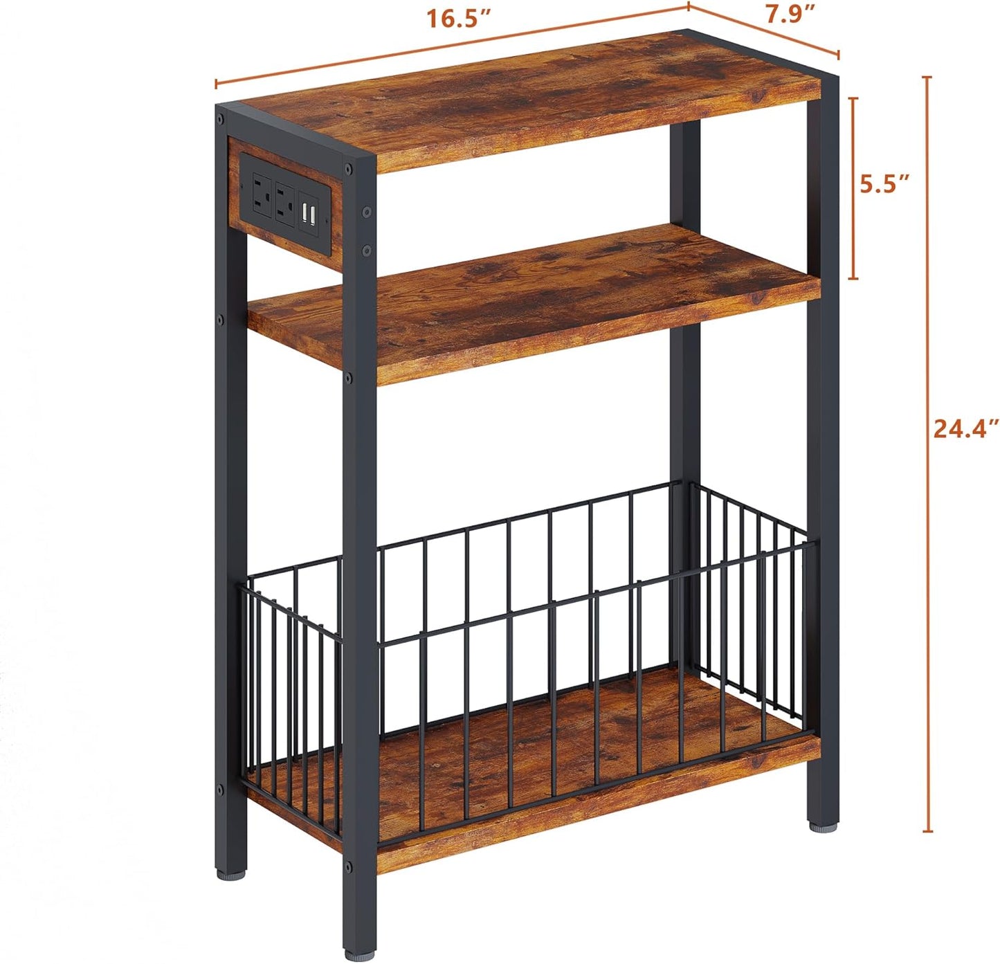 Narrow Side Table with Charging Station, Small End Table for Small Spaces, Slim Nightstand with Storage Basket, 3 Tier Skinny Bedside Table for Living Room, Bedroom, Rustic Brown