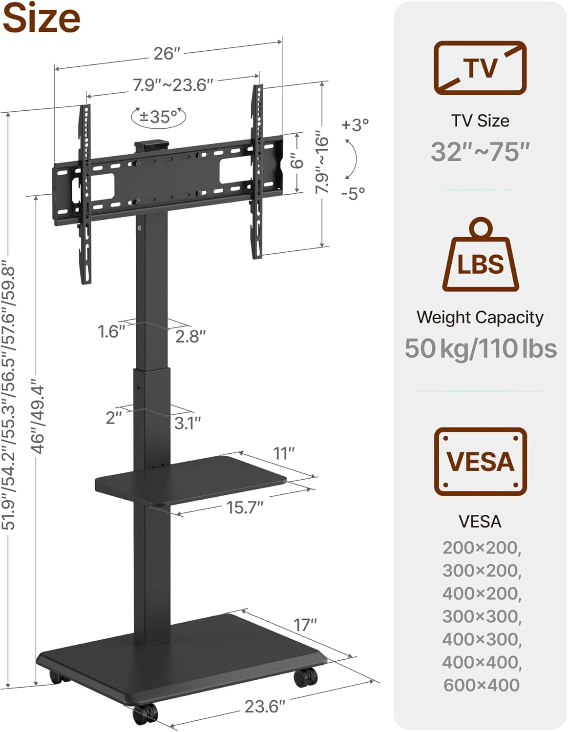 Steel Base Rolling TV Stand for 32-75 Inch Tvs up to 110 Lbs, Leveling & Tilt & Swivel Mobile TV Stand with Hidden Wire Management, Height Adjustable Portable Tv Stand with Steel Shelf, Black