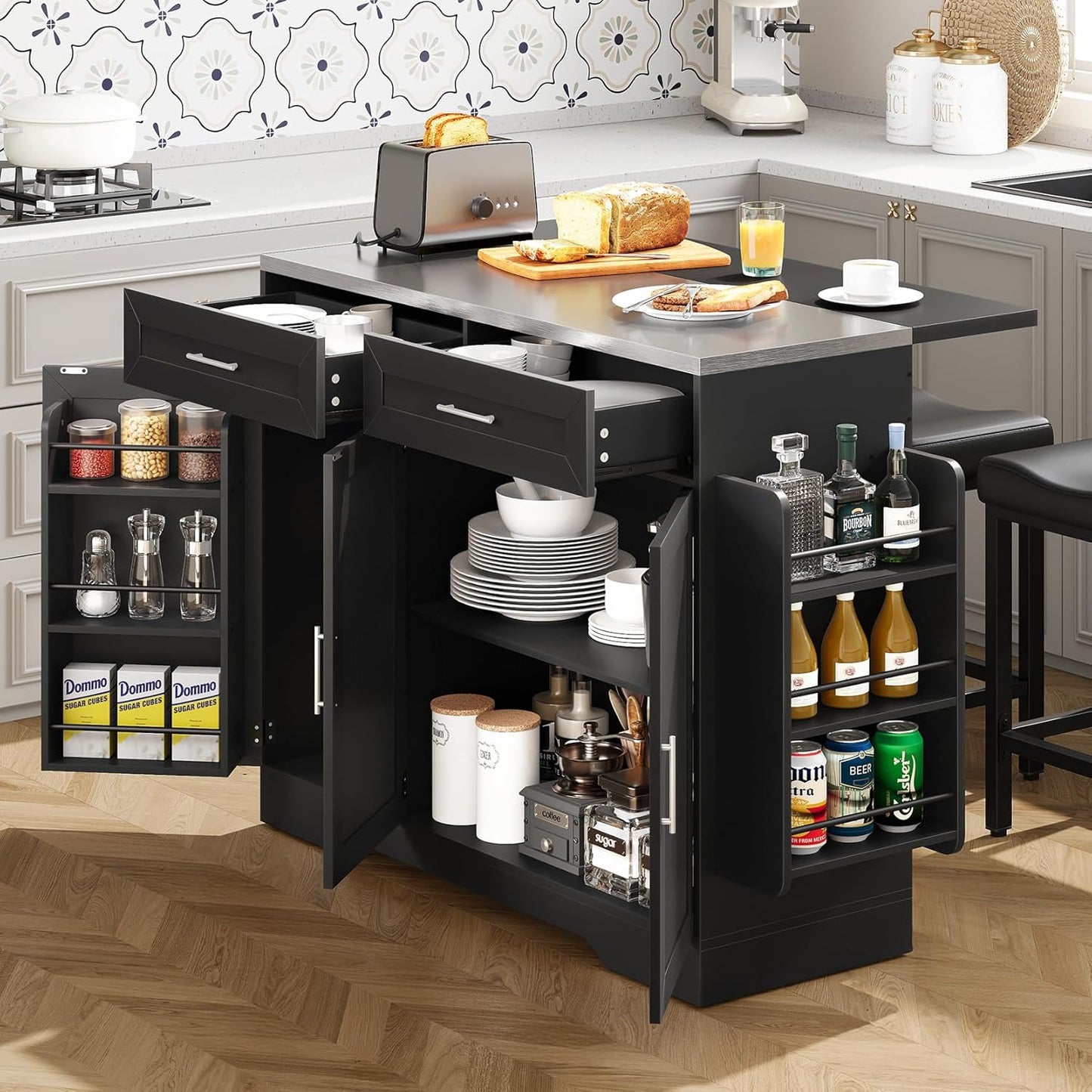 56'' Kitchen Island with Seating and Stainless Steel Countertop, Rolling Kitchen Island on Wheels with Folding Drop Leaf, Power Outlet, Spice/Towel Rack, Island Table Cart for Kitchen, Black