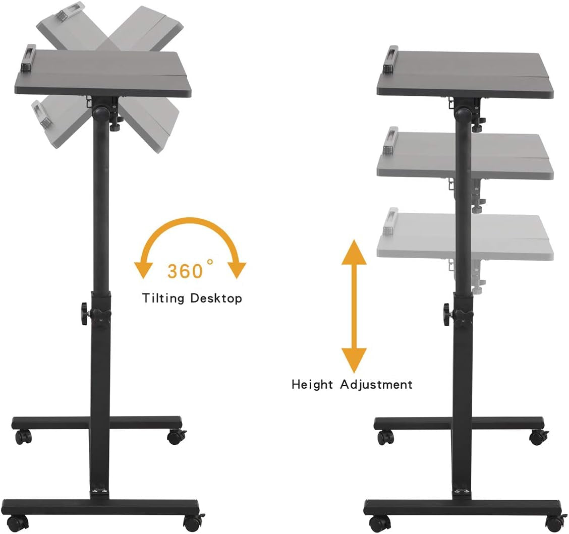 Overbed Bedside Desk Mobile Rolling Laptop Stand Tilting Overbed Table with Wheels Height Adjustable Tray Table for Laptop Bed Sofa Side Table (Black)