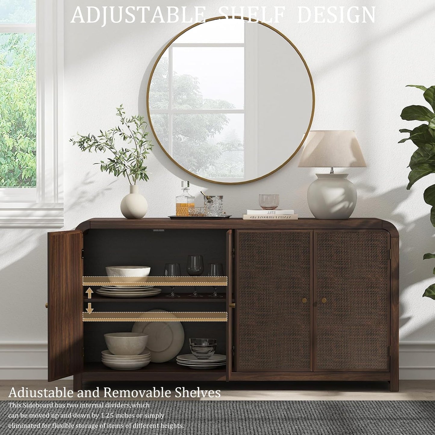 Oak Sideboard Buffet Cabinet with Storage, 60'' Boho Buffets & Sideboards with Adjustable Shelves, Rattan Sideboard Cabinet with 4 Doors for Living Room, Hallway & Kitchen