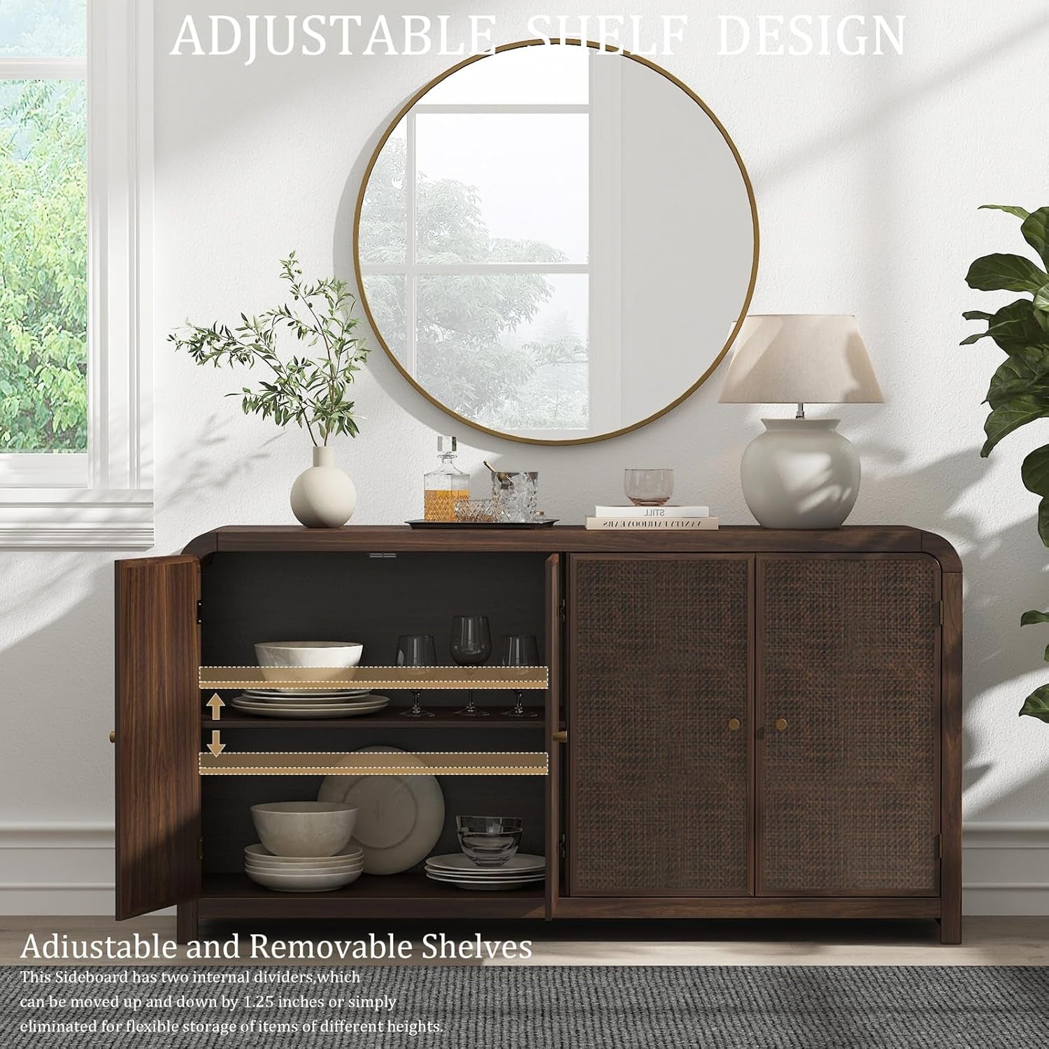 Oak Sideboard Buffet Cabinet with Storage, 60'' Boho Buffets & Sideboards with Adjustable Shelves, Rattan Sideboard Cabinet with 4 Doors for Living Room, Hallway & Kitchen