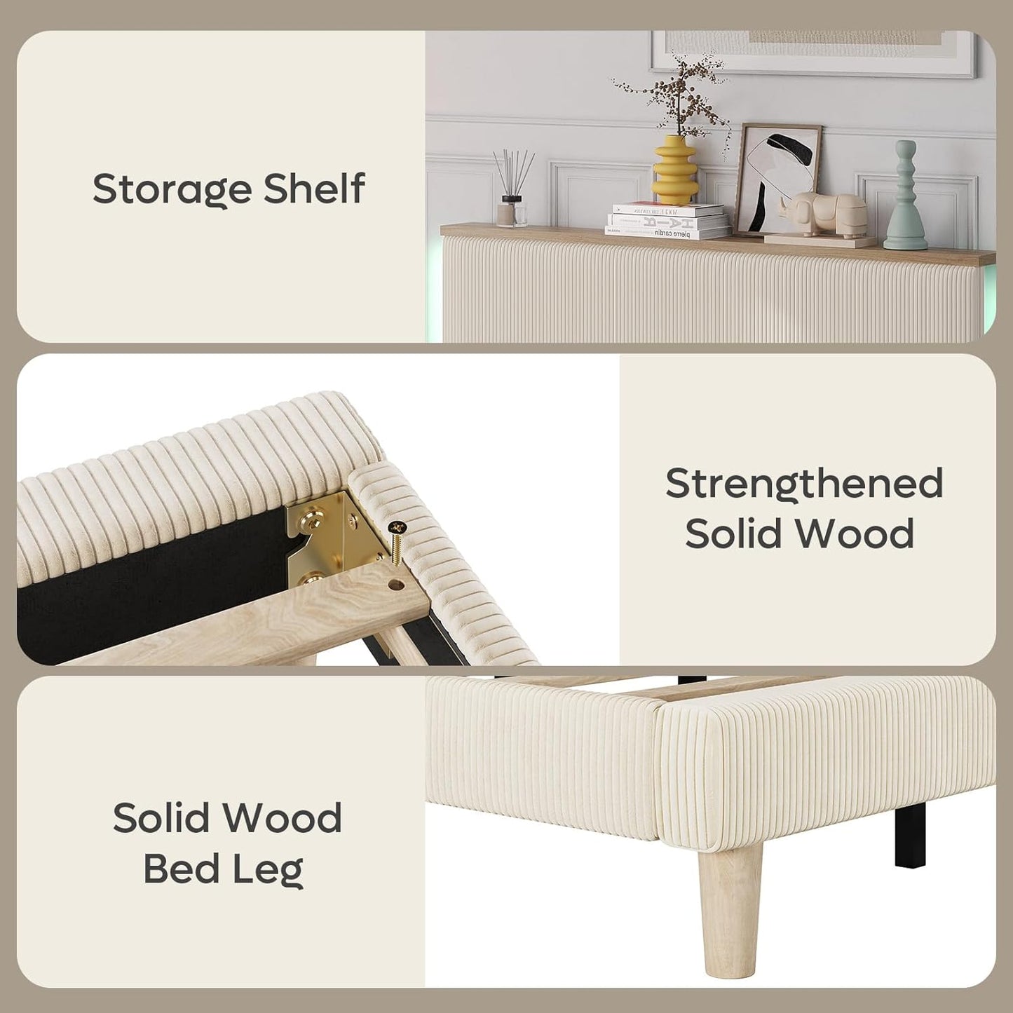 Queen Bed Frame with Adjustable Headboard & Ledlighting, Corduroy Upholstered Platform Bed Frame Withstorage Shelf, Solid Wood Slats, No Box Spring Needed,Never Squeak, Easy Assembly, Beige