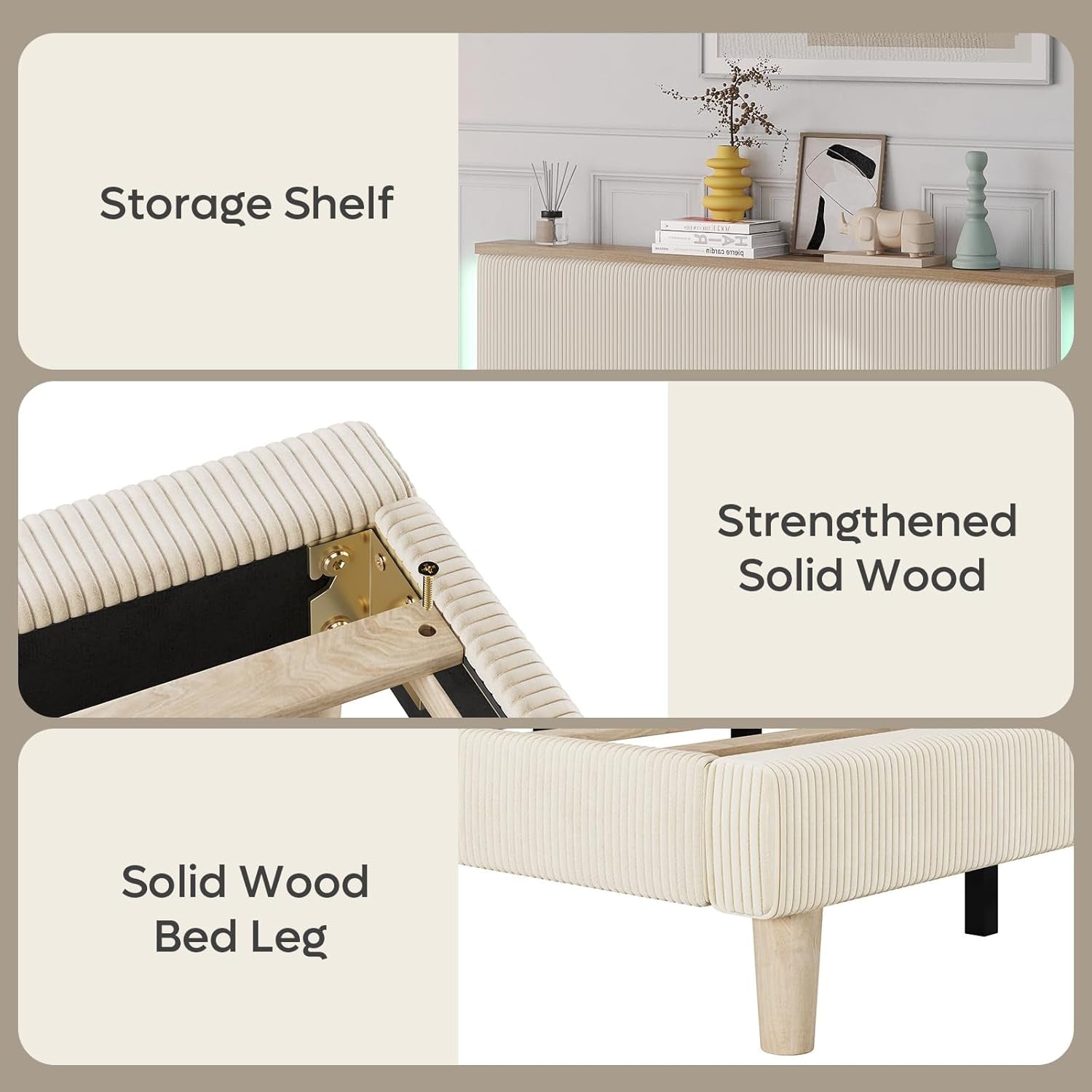 Queen Bed Frame with Adjustable Headboard & Ledlighting, Corduroy Upholstered Platform Bed Frame Withstorage Shelf, Solid Wood Slats, No Box Spring Needed,Never Squeak, Easy Assembly, Beige