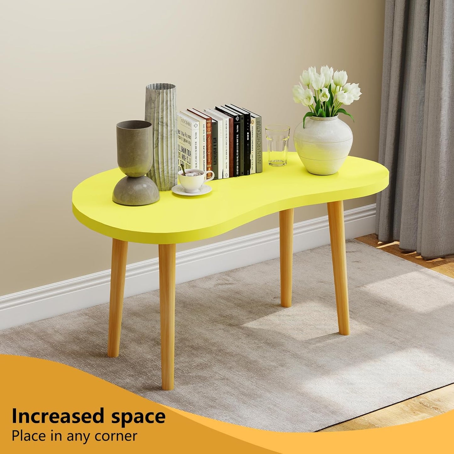 Mango Coffee Table Low Table with 4 Solid Wood Sturdy Legs, Floor Table Desk for Sitting on the Floor, Storage and Living Room Furniture (Yellow)