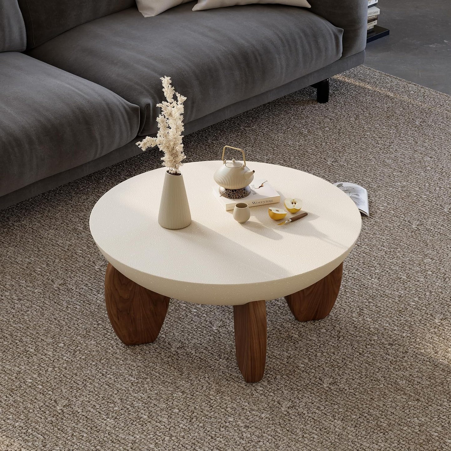 round Concrete Coffee Table with Premium Walnut Ash Wood Legs, Modern Minimalist Cement Finish Center Table for Living Room