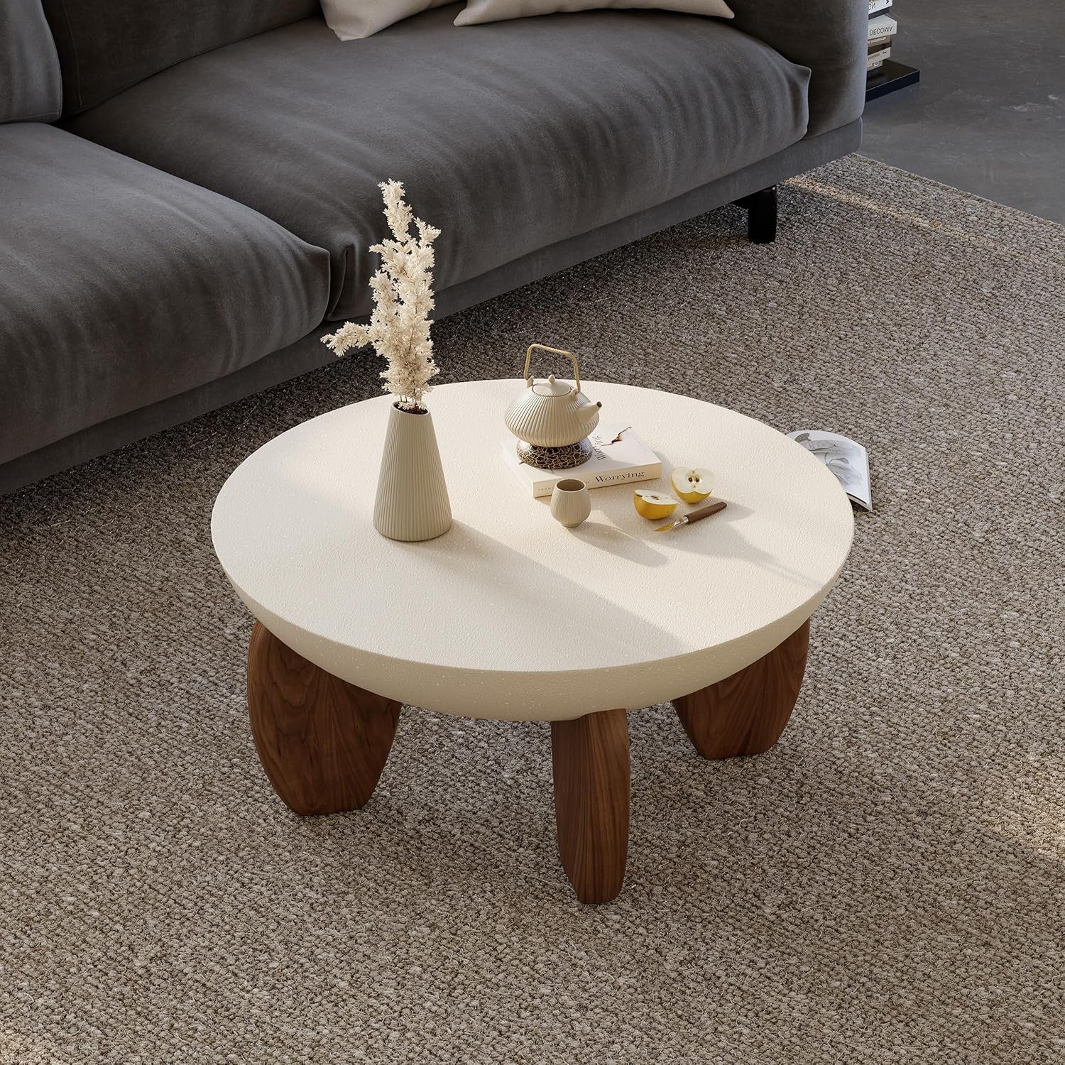 round Concrete Coffee Table with Premium Walnut Ash Wood Legs, Modern Minimalist Cement Finish Center Table for Living Room