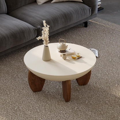 round Concrete Coffee Table with Premium Walnut Ash Wood Legs, Modern Minimalist Cement Finish Center Table for Living Room
