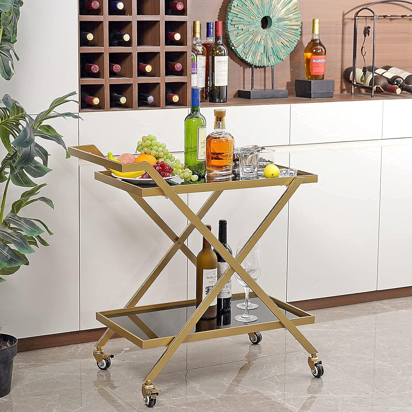 Gold Bar Cart - No Screws Assembly, 2-Tier Snack Cart with 2 Black Tempered Glass Shelves, Portable with 2 Lockable Wheels