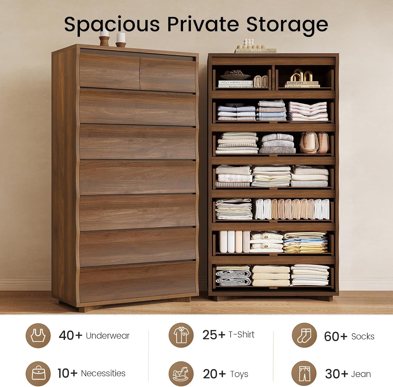 Tall Dresser for Bedroom, 61.1" Tall Dresser with 8 Drawers, Wood Dressers & Chests of Drawers, Accent Upright Drawer Organizers for Closet, Hallway