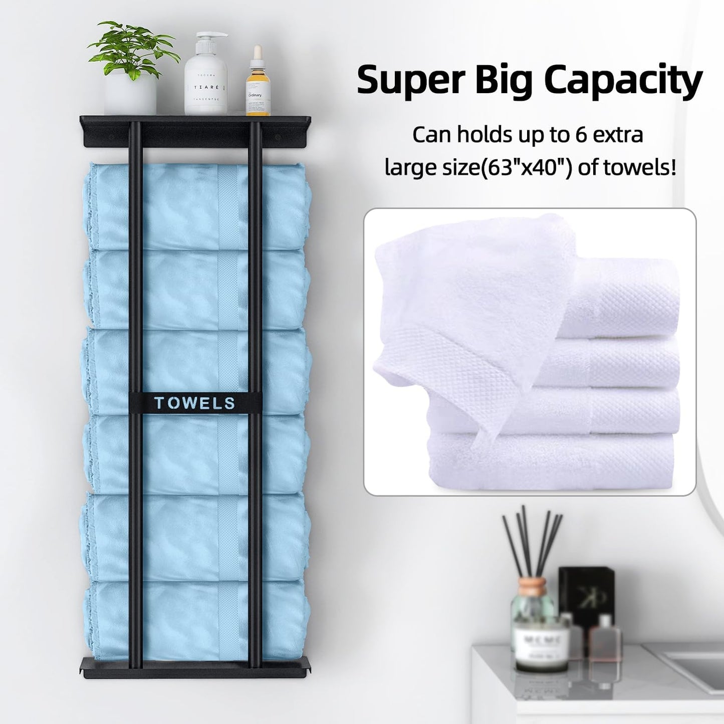 Towel Racks for Bathroom, Bathroom Towel Storage Wall Mounted 30 Inch with Shelf Can Holds 6 Large Towels, Wall Towel Rack for Rolled Towels, Black