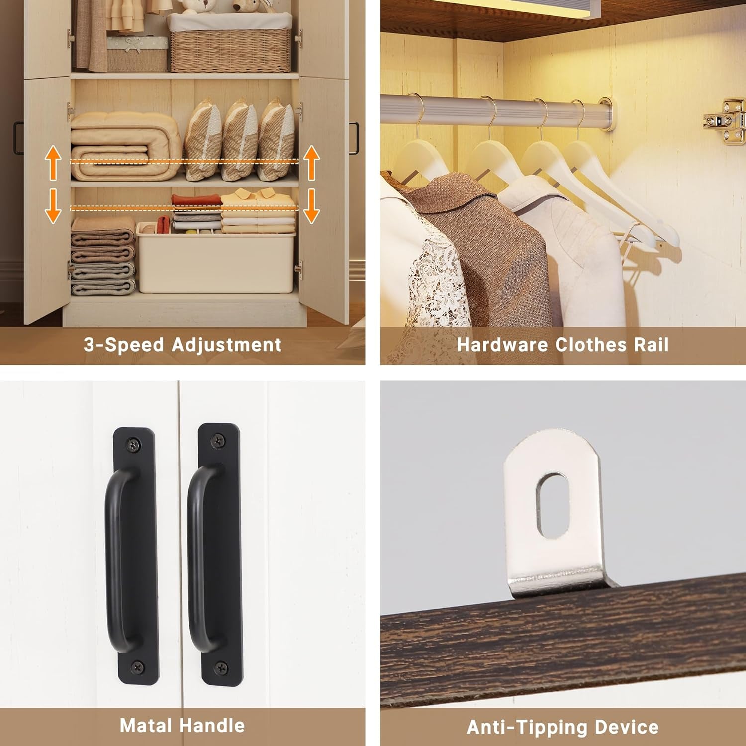 75" Tall Farmhouse 2 Doors Armoire Wardrobe Closet with Led,Freestanding Closet Wardrobe Cabinet for Bedroom with Hanging Rod,Wooden Armoire Storage Cabinet Adjustable(Rustic off White)