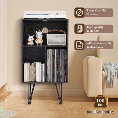 Record Player Stand, Turntable Stand Vinyl Record Storage Cabinet with Metal Legs, End Table Holds up to 120 Albums for Living Room, Bedroom, Office (Black)