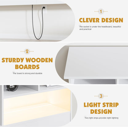 White wood bookcase headboard with charging station and LED lights, view 3