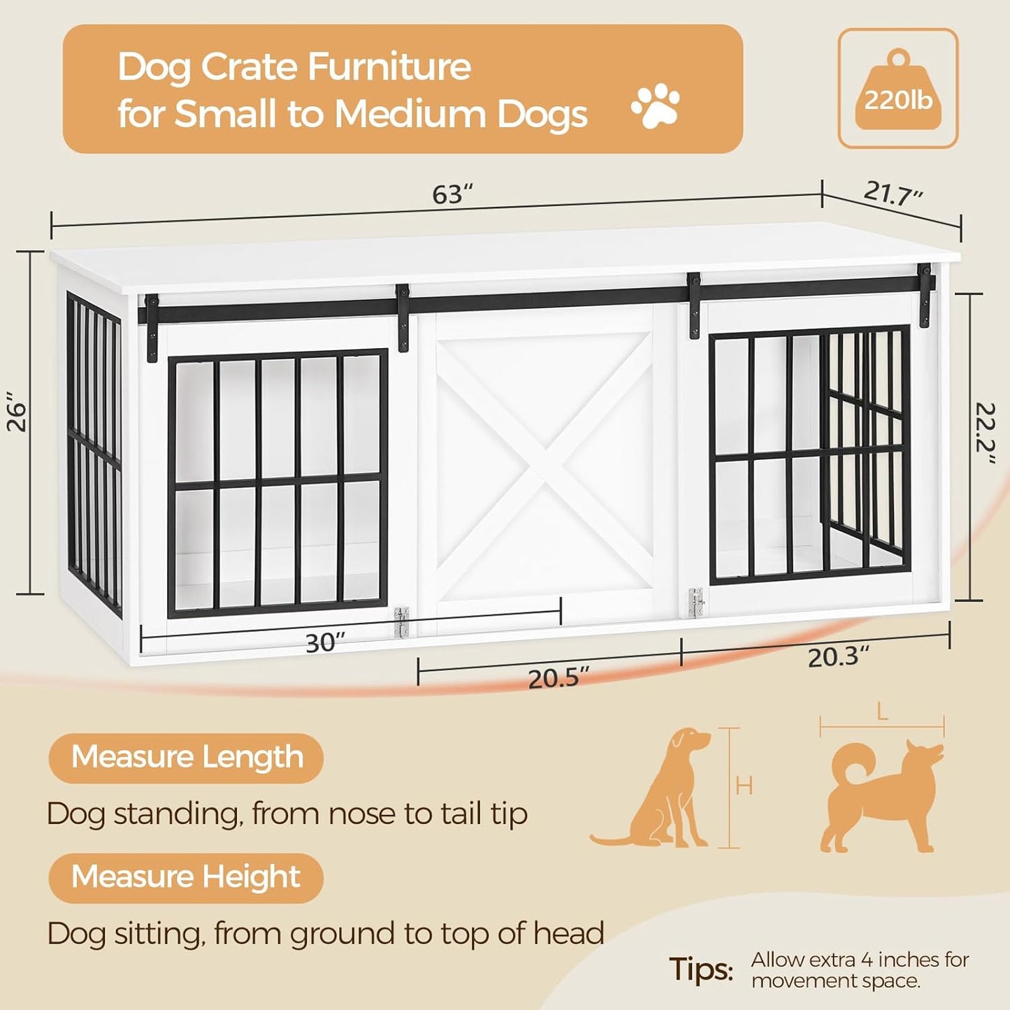 Dog Crate Furniture for 2 Dogs, 63" Heavy Duty Dog Kennel with Sliding Barn Door, Wooden Double Dog Crate with Divider for Small Medium Dogs, Indoor Dog Cage TV Stand, White DCHW16001N1