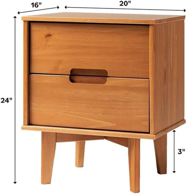 Mid Century Modern Grooved Handle Wood Nightstand Side Table Bedroom Storage Drawer and Shelf Bedside End Table, 2 Drawer, Caramel