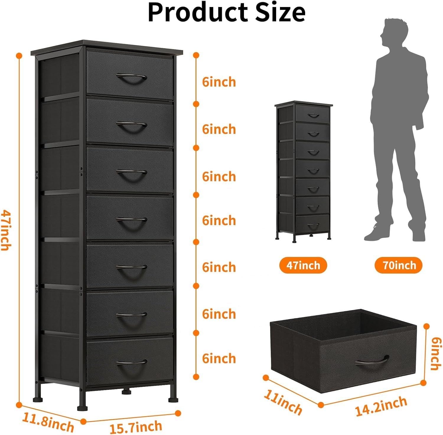 Black Tall Dresser for Bedroom, Storage Dresser Organizer with 7 Fabric Drawers, Nightstand Furniture in Closet, Entryway, Hallway