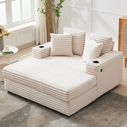 Oversized Chaise Lounge Chair Indoor, 60 Inch Upholstered Sofa Bed with Throw Pillows and Armrests, Comfy Corduroy Sleeper Couch for Living Room, Bedroom, Office, Beige