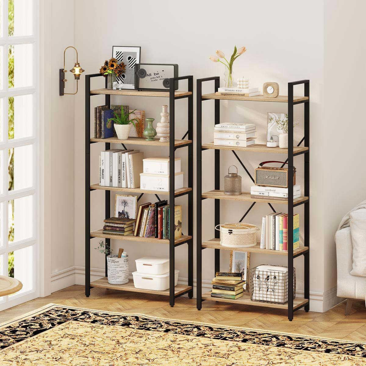 5 Tier Bookshelf, Industrial Wood and Metal Book Shelves for Display, Tall Etagere Bookcase and Rustic Shelving Unit (Rustic Oak)