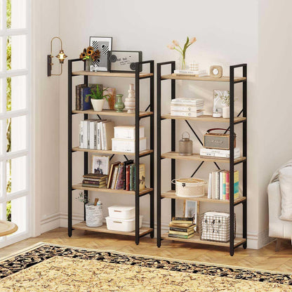 5 Tier Bookshelf, Industrial Wood and Metal Book Shelves for Display, Tall Etagere Bookcase and Rustic Shelving Unit (Rustic Oak)