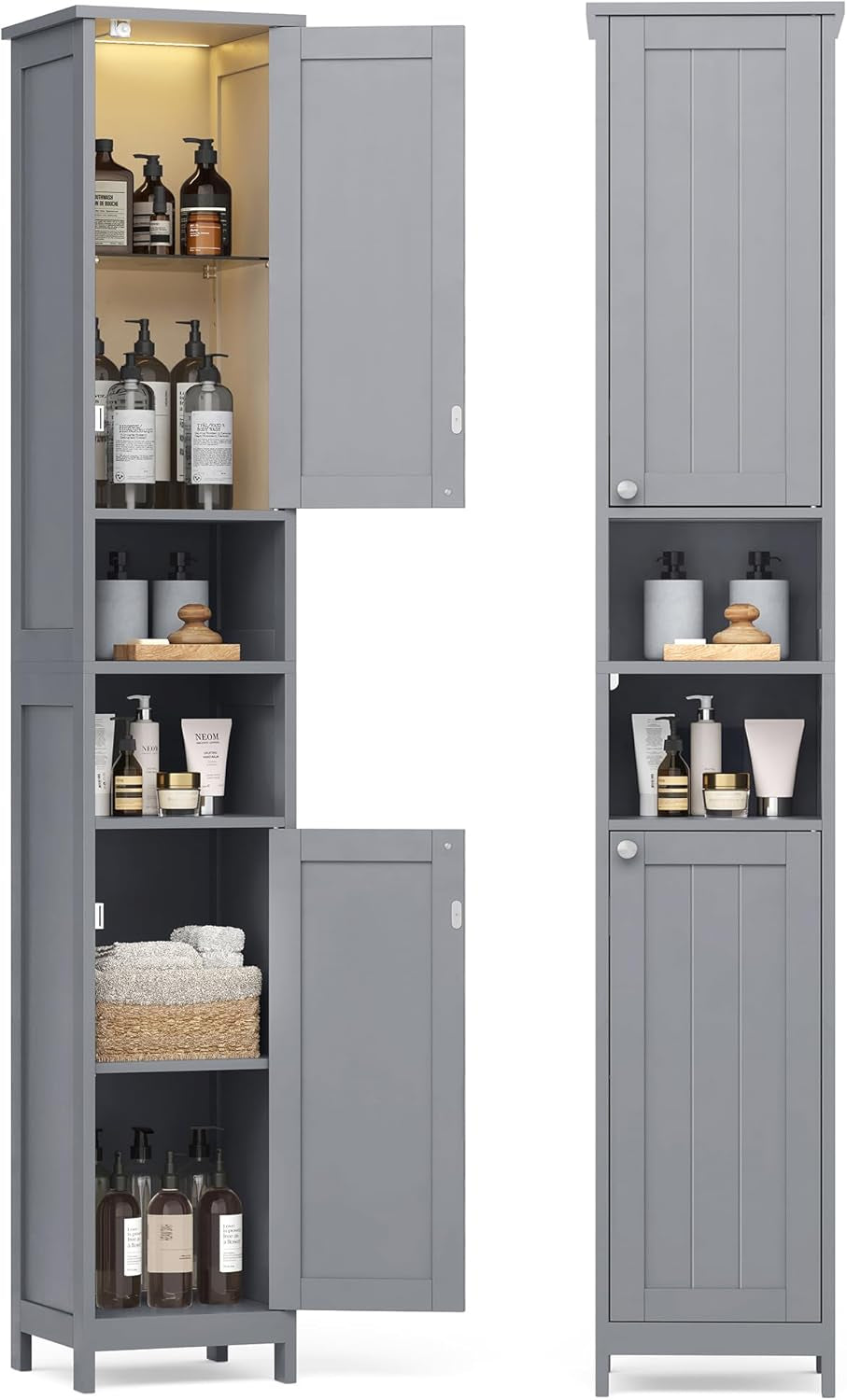 Tall Bathroom Cabinet with Lights, Slim Freestanding Bathroom Storage Cabinet with Adjustable Shelves, for Small Spaces, Modern, 11.8 Inches Wide, Dove Gray UBBC566G02
