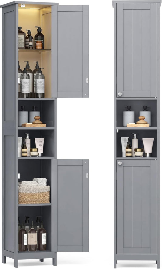Tall Bathroom Cabinet with Lights, Slim Freestanding Bathroom Storage Cabinet with Adjustable Shelves, for Small Spaces, Modern, 11.8 Inches Wide, Dove Gray UBBC566G02