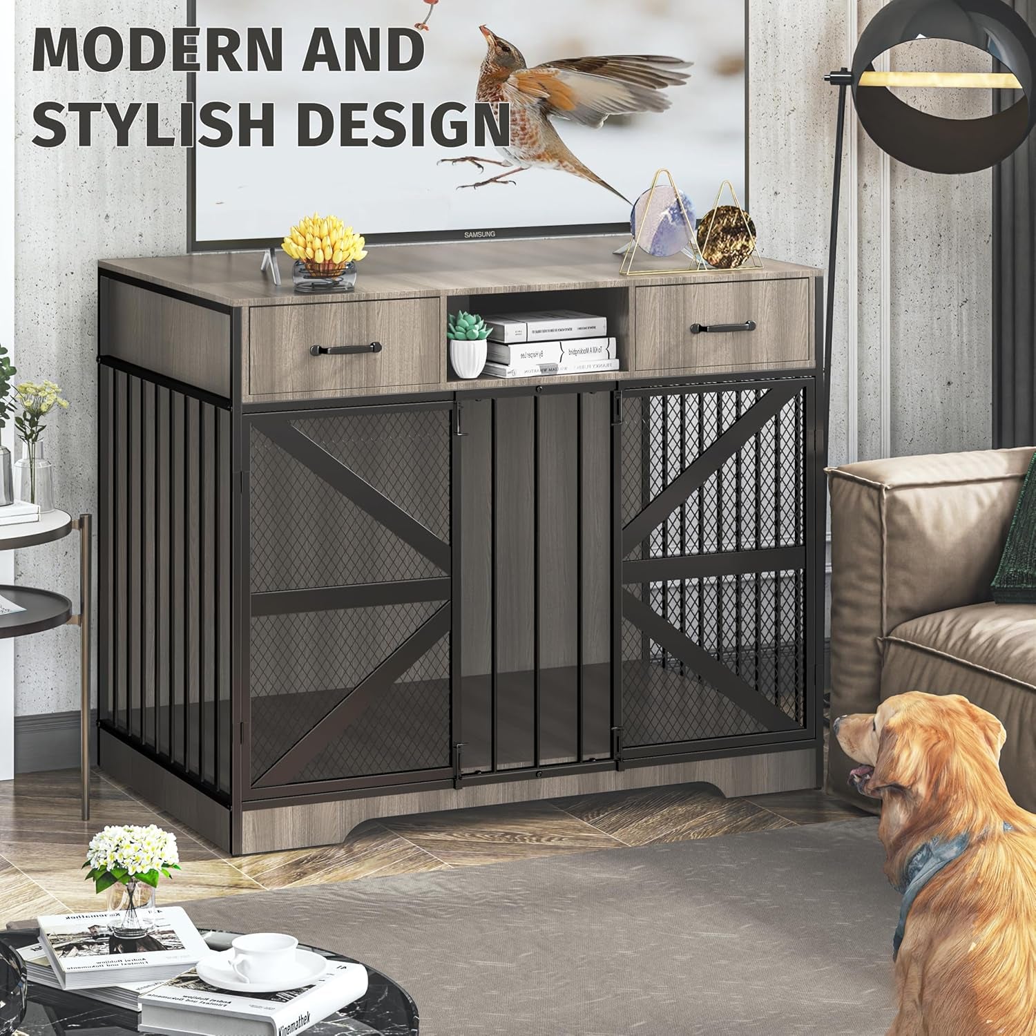 44" Large Dog Crate Furniture, Wooden Heavy Duty Dog Kennel TV Stand with 2 Drawers, Indoor Multi-Functional Decorative XL Furniture for Medium & Large Breeds, Grey