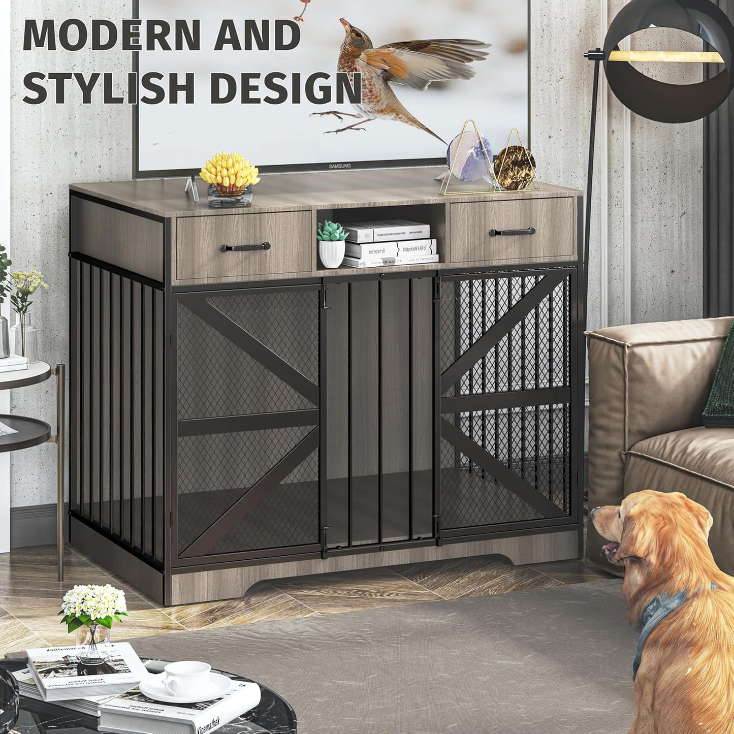 44" Large Dog Crate Furniture, Wooden Heavy Duty Dog Kennel TV Stand with 2 Drawers, Indoor Multi-Functional Decorative XL Furniture for Medium & Large Breeds, Black