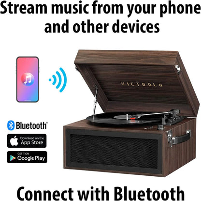Liberty – Bluetooth Record Player – 5-In-1 Turntable with Vinyl Stream, FM Radio, USB Playback, Built-In Speakers, Use as Stand or Tabletop Player (Espresso)