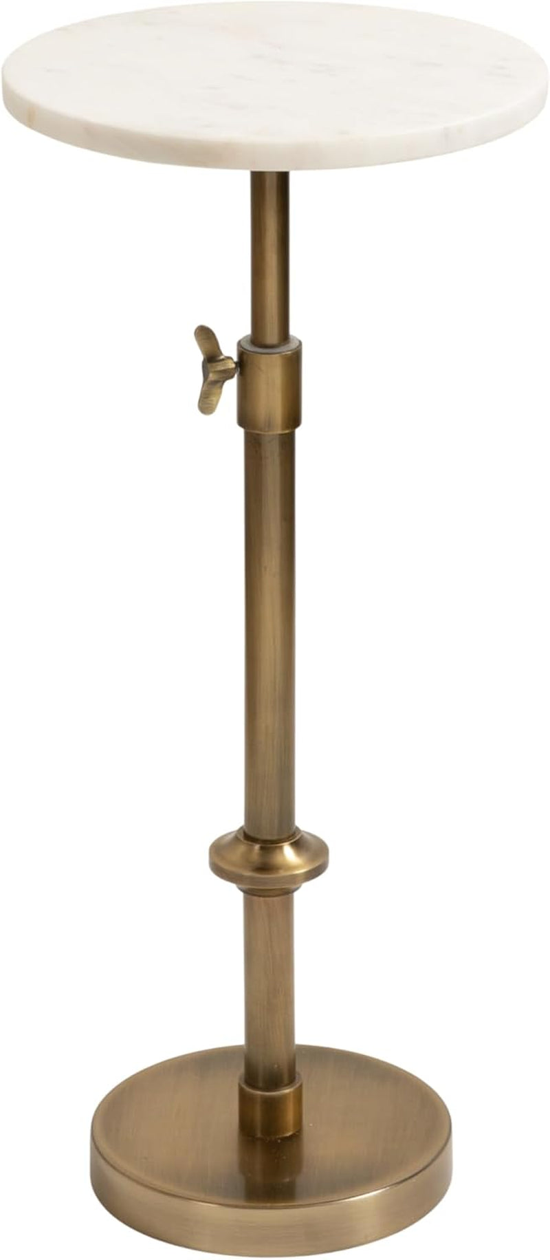 Engles Traditional Adjustable-Height Pedestal Drink Table, 10 X 10 X 30, White Marble and Antique Brass, Vintage round Indoor Metal Plant Stand with Authentic Marble Tabletop