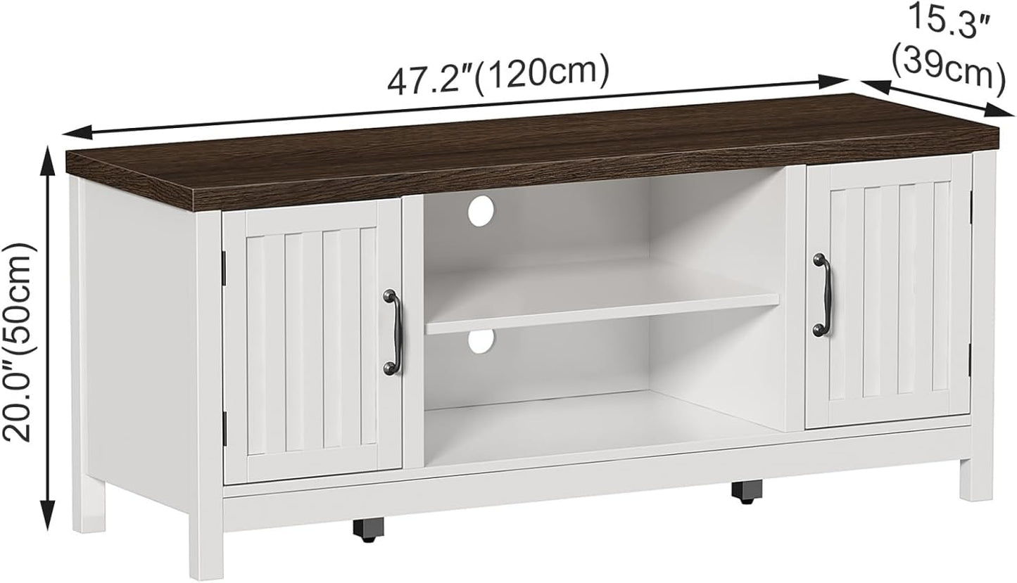 Farmhouse TV Stand, Wood Fluted Door Entertainment Center with Storage Cabinets and Open Shelves, Rustic Media Console up to 55 Inches for Living Room, Bedroom, White