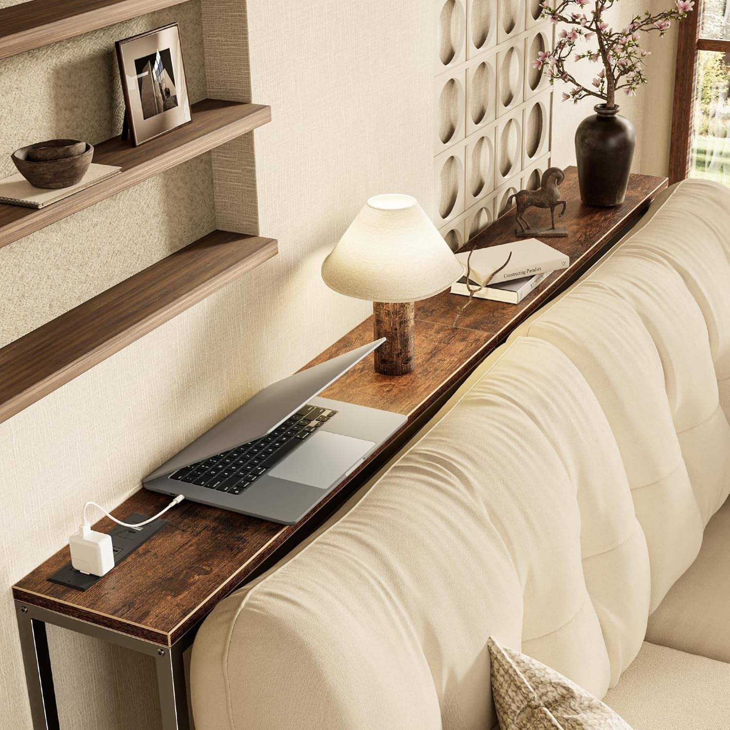 70 Inch Console Table with Outlet, Sofa Table with Charging Station, Narrow Entryway Table, Skinny Hallway Table, for Living Room, Rustic Brown