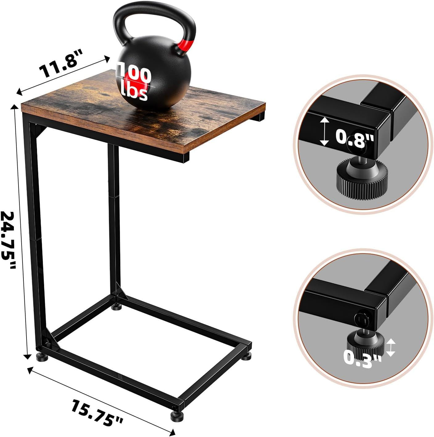 C Shaped End Table for Couch, Small Side Table TV Tray Table with Metal Frame for Living Room, Bedroom, Rustic Brown